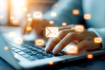 Creating a newsletter with regular updates and subscription themes selective focus, focus on content delivery, vibrant, overlay, editorial office backdrop