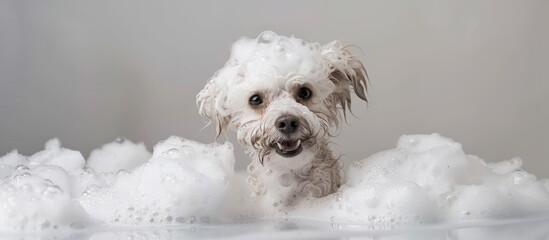 Maltipoo dog happily enjoys a bath covered in soap foam smiling at the camera with copy space image