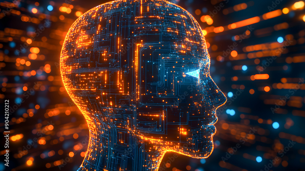 Poster digital brain cyborg head with futuristic lighting and circuits concept of intelligence machine lear