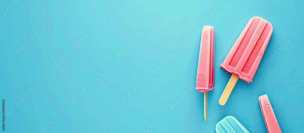 Poster top down view of popsicle and ice cream stick on a blue background with a minimalist summer design f