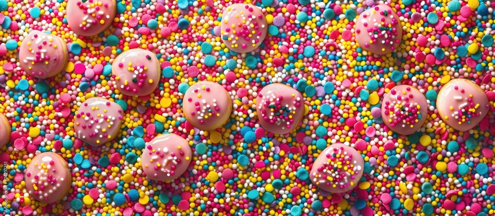 Poster donut rainbow sprinkles pattern on candy sprinkle texture background with sweet color glaze banner s