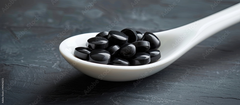 Poster a white spoon holds activated charcoal tablets with a blank space for text or image integration. cop