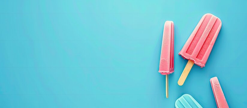 Top down view of popsicle and ice cream stick on a blue background with a minimalist summer design for text on a copy space image