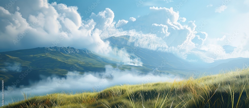 Poster scenic view of clouds enveloping the mountain range with grasslands swaying in the wind below ideal 