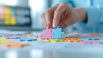 Obraz premium A close-up of a hand placing two colorful puzzle pieces together on a table. The background is blurred, highlighting the focus on the puzzle pieces and the action of problem-solving and strategy.
