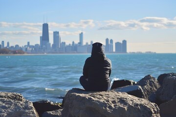 Solitary Contemplation at Lakefront Cityscape