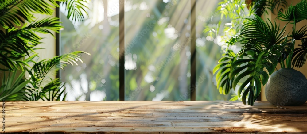 Aufkleber wooden tabletop against a background of blurred window glass and tropical leaves on the wall offers 