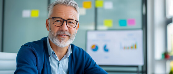 Mature man in a blue sweater smiles confidently while presenting data. Background includes a whiteboard with charts and colorful sticky notes, indicating a business meeting.