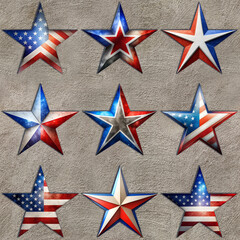 Fototapeta premium American Star. Set collection of different badge designs in American style and Flag symbol emblem color isolated on grey grunge background. 2024 Presidential election, red, blue, white color.