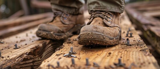 Closeup image of a worker carelessly stepping on nails embedded in a wooden plank outdoors with copy space available