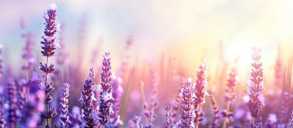 Poster close up of a row of lavender purple flowers in a summer field creating a banner with space for incl