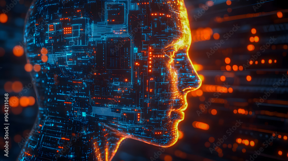 Poster glowing digital face with futuristic circuits and luminous patterns in abstract cyberspace conceptua