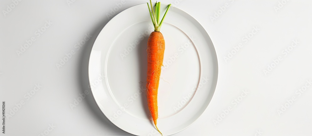 Poster top view of freshly sliced carrot on a white plate with copy space image set against a white backgro