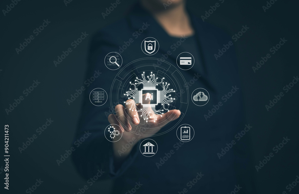 Poster chat with AI. Artificial intelligence. The concept of accessing imagination by feeding commands to Ai to create what is in our mind with futuristic technology through the Internet.