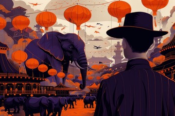 Naklejka premium Man in a Fedora Stands Before an Elephant in a Dreamy, Asian-Inspired Landscape
