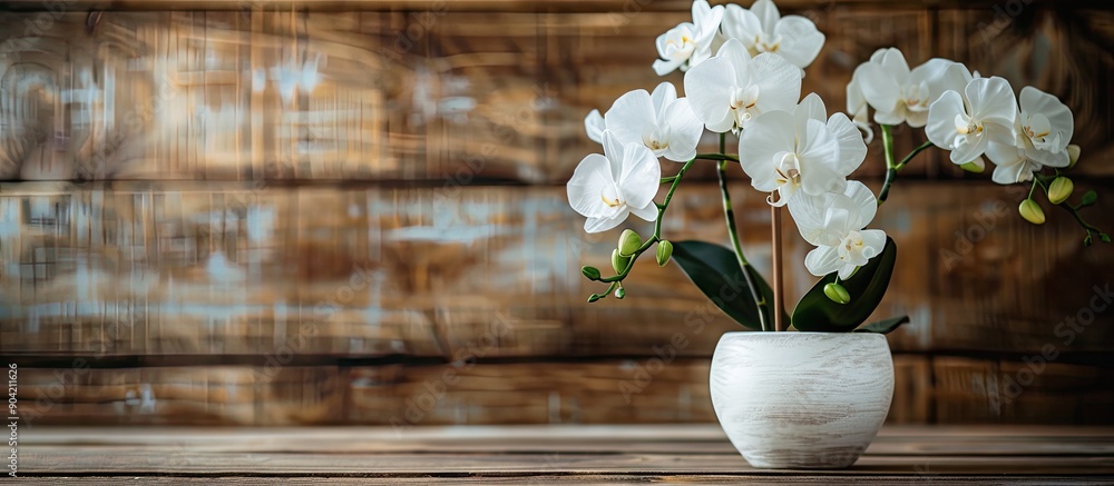 Aufkleber white artificial flowers in a pot set against a wooden background with empty copy space image