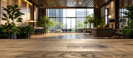 A wooden table with a blurred modern hotel lobby background provides a spacious setting for showcasing products with ample copy space image