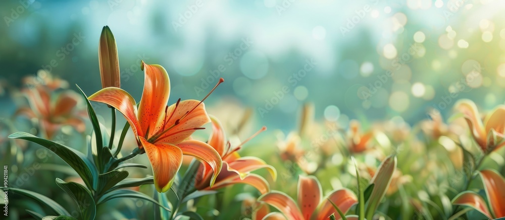 Poster blooming lilies providing a beautiful backdrop in the field with copy space image available