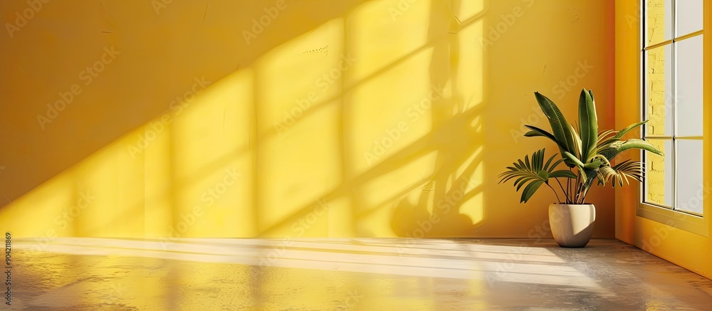 Poster yellow background studio with window shadows offers the perfect copy space image for showcasing prod