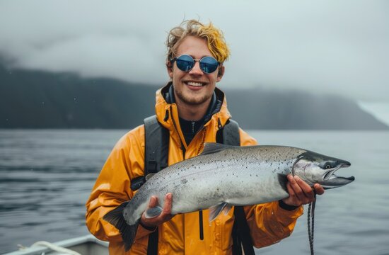 A young man with yellow hair and round glasses holds his huge silver salmon, which he caught on a boat in gray, cloudy weather. Photo in the style of fishing in Alaska