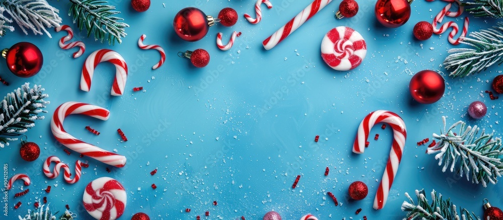 Poster cyan background featuring traditional christmas candy in a top view flat lay composition with availa