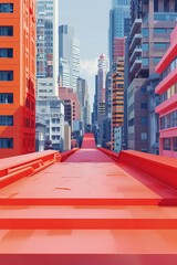 Obraz premium Modern urban cityscape with a unique red pathway surrounded by skyscrapers in daylight