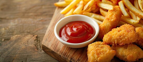 Close up of a wooden board with golden fries chicken nuggets ketchup and a creamy sauce providing copy space image