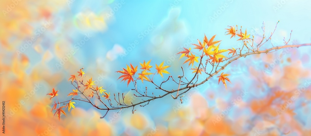 Poster a maple tree branch in autumn hues stands against a clear blue sky with a soft blur of yellow and or