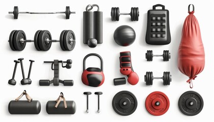 Obraz premium Photo of fitness equipment icons including gym weights, boxing gloves, treadmills, and a punch bag