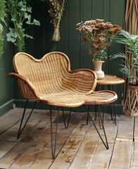 Wicker Chair with Black Metal Legs in a Garden Setting