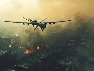 Naklejka premium A military drone flies over a city in flames