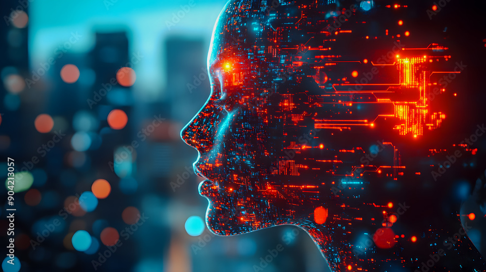 Poster futuristic intelligence digital concept with glowing circuits holographic interface and data visuali