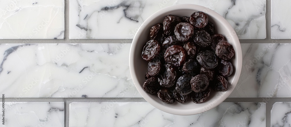 Poster top down view of a bowl of delicious dried plums prunes on a white tiled surface with room for capti