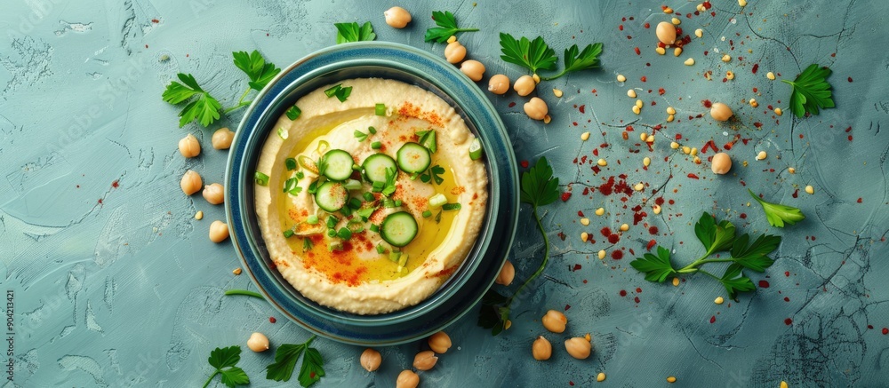Aufkleber top view of a delicious bowl of hummus with chickpeas cucumber and parsley on a light blue table per