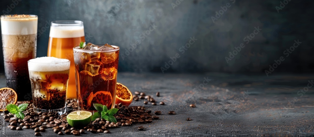 Poster assortment of beverages with caffeine displayed in the copy space image