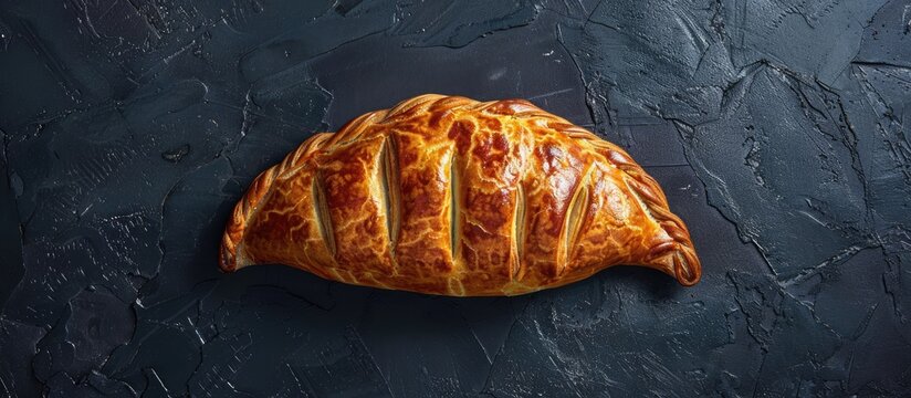 Top view of a pasty on a dark background with a clipping path highlighting selective focus and providing a copy space image within the Fast Food collection