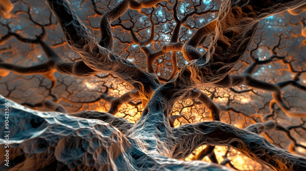 Poster a fractal tree displays multiple branches intricately splitting apart towards a luminous blue and or