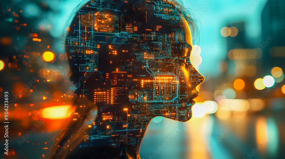 Poster futuristic digital cyborg head with circuit board patterns visualizing the concept of intelligence d