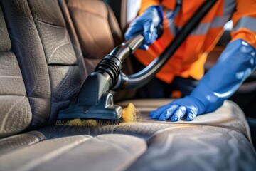 A detailed shot of a professional cleaner using a brush to clean the air vents and dashboard of a car.