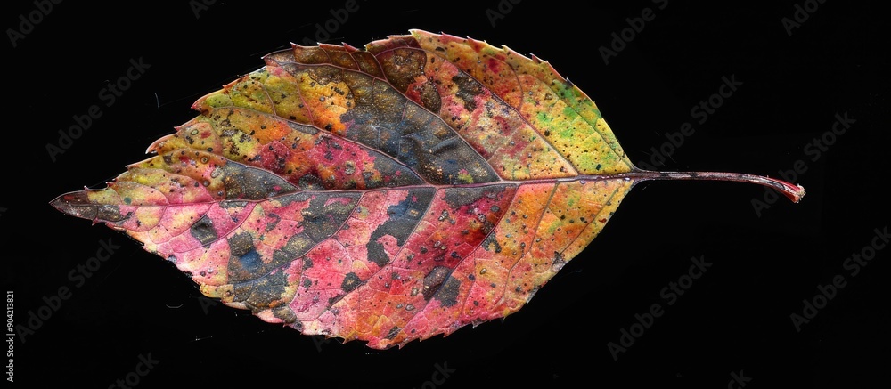 Poster macro photograph of a colorful leaf showing signs of age and decay set against a simple black backdr