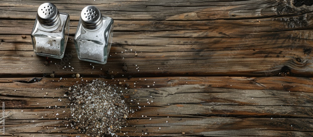 Poster top down view of salt and pepper shakers placed on a wooden table with copy space image available fo