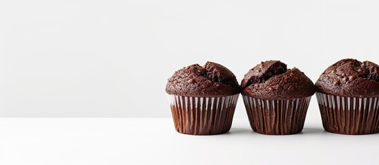Three chocolate muffins displayed on a white backdrop with a blank area for text or graphics Moist and fluffy homemade chocolate treats. Copy space image. Place for adding text and design