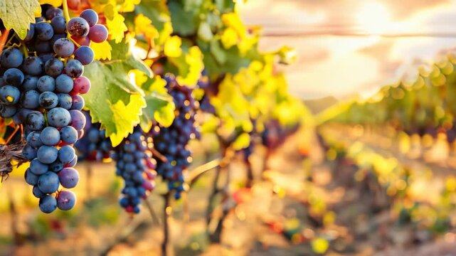 Close-up of grapes hanging on the vine in a sunny vineyard