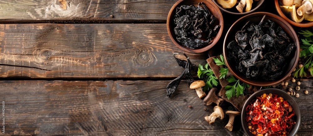 Poster top view of a rustic table with a meal featuring dried black fungus mushrooms a snack option and amp