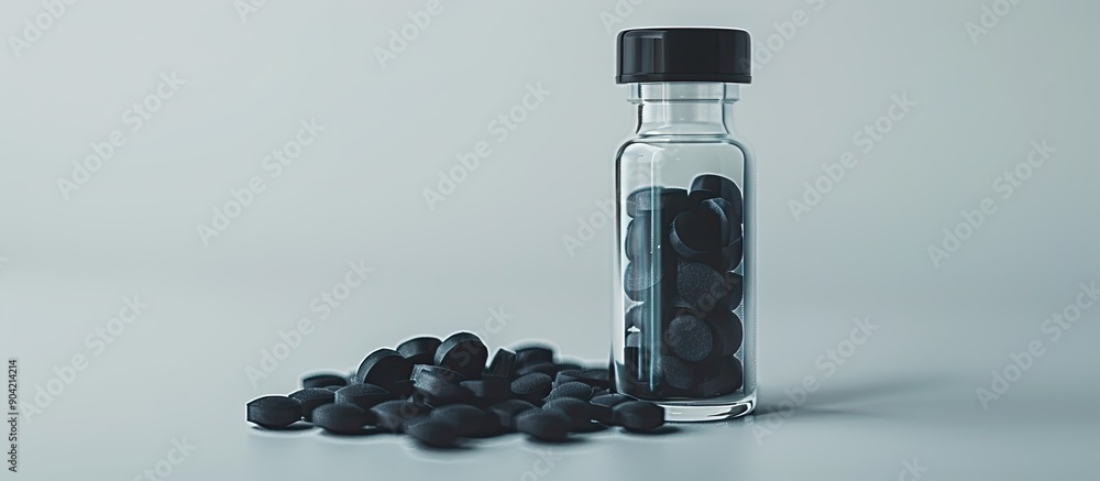 Poster activated carbon tablets and a glass bottle on a light background creating a visually appealing copy