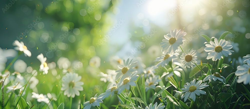 Poster Sunny day at the park with a close up image of daisies and copy space image