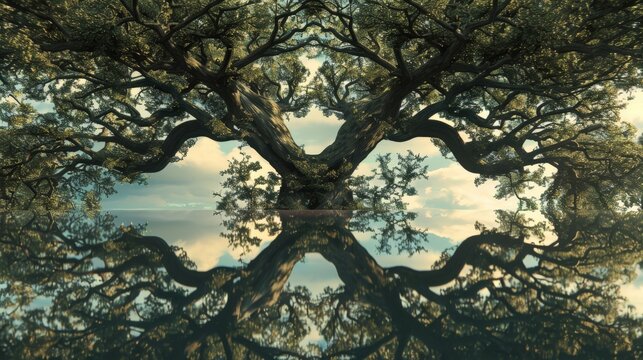 Fototapeta A grand fractal tree, with sprawling branches, mirrors perfectly in calm water, set against a backdrop of soft clouds and a fading dusk
