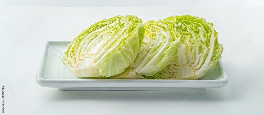 Poster close up of sliced cabbage on a white plate with an isolated white background for a copy space image