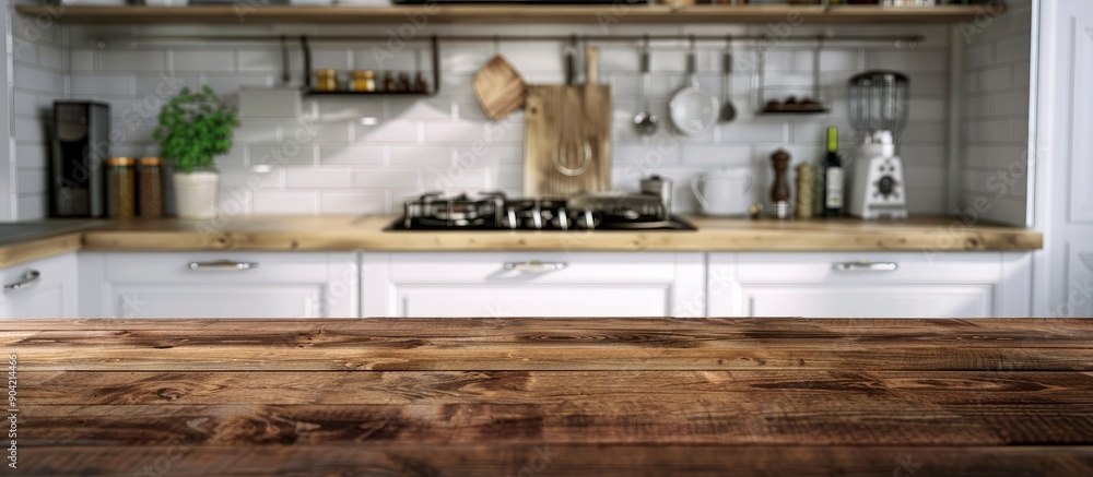 Poster blurry kitchen counter serves as backdrop for wood table with copy space image ideal for product dis