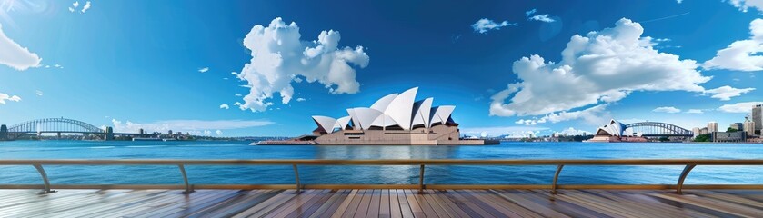 Naklejka premium Pier table with a view of the Sydney Opera House, Australia, clear blue sky, Realistic, High Detail